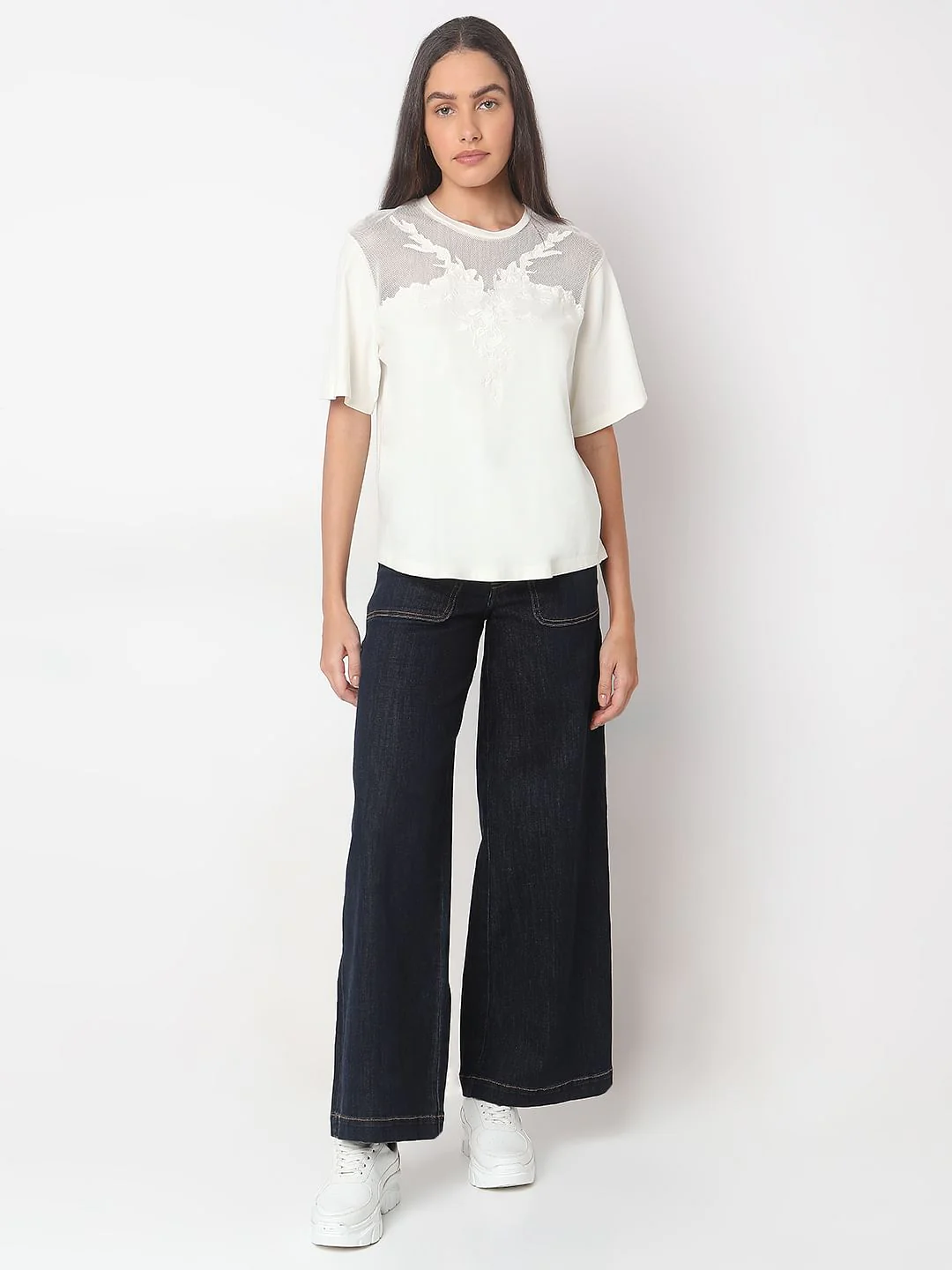 White Floral Appliqu Mesh T-Shirt - Image 5