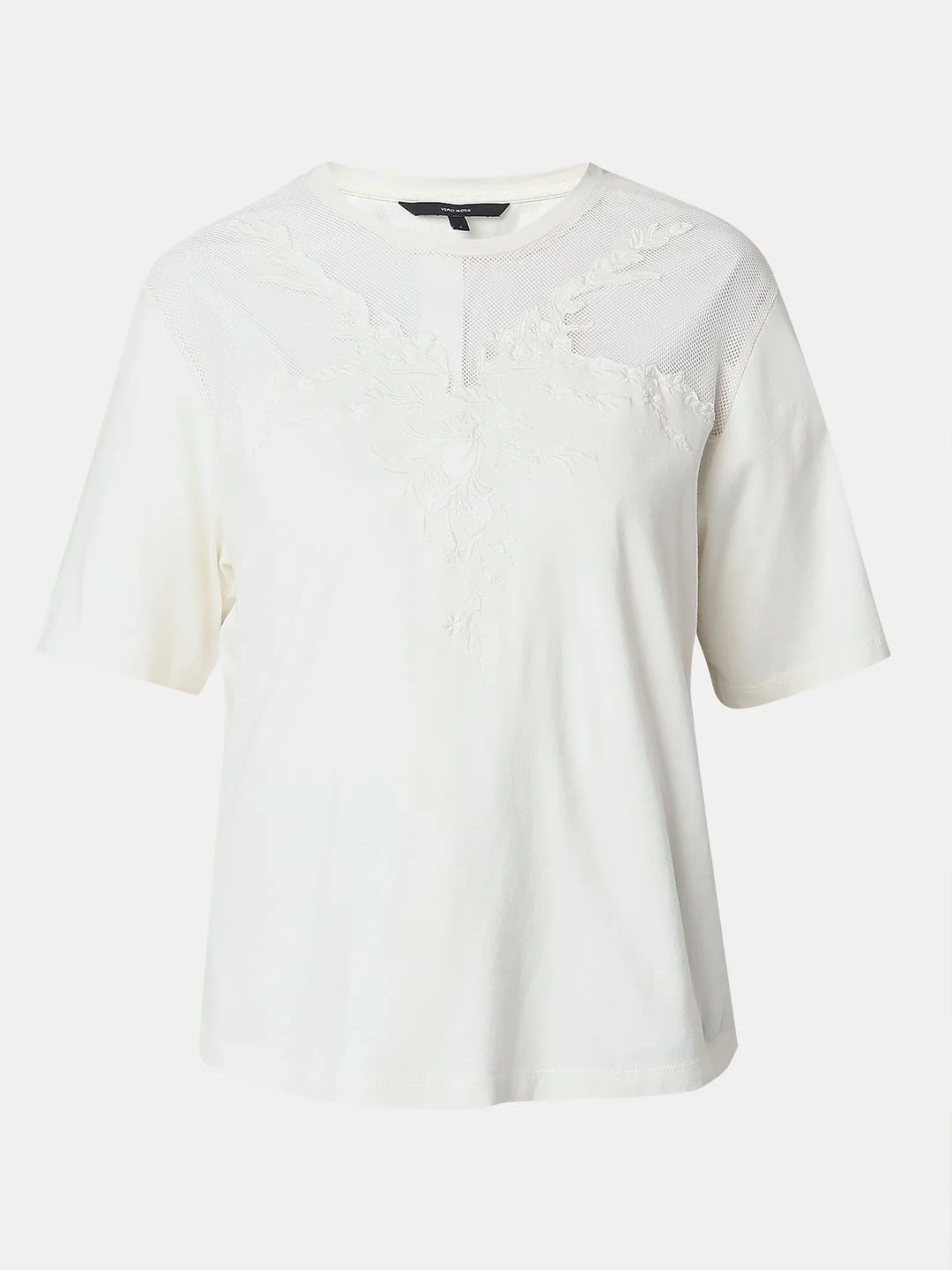 White Floral Appliqu Mesh T-Shirt - Image 7