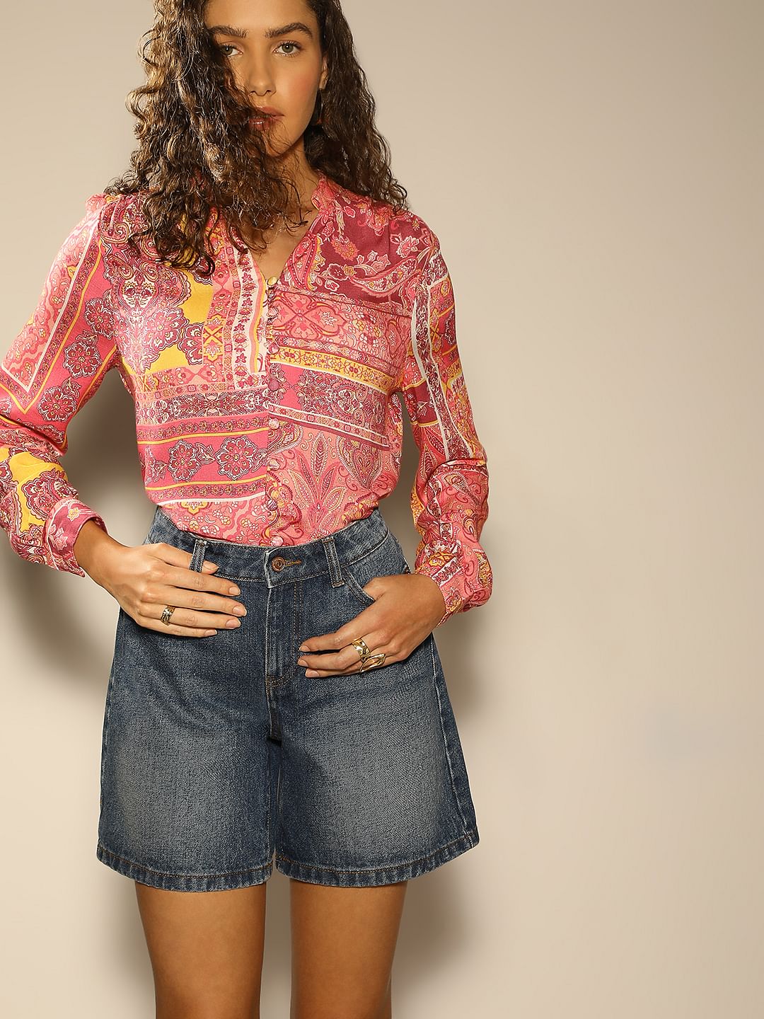 Pink Printed V-Neck Top