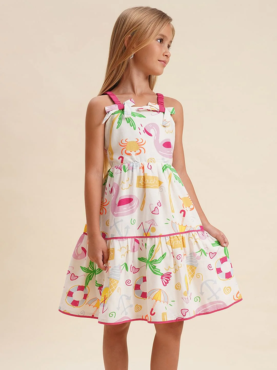 Girls White Printed Strappy Dress - Image 2
