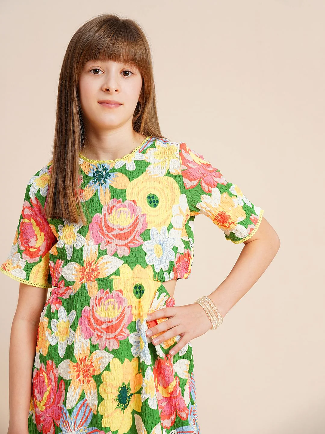 Girls Green Printed Waist Cut-Out Dress