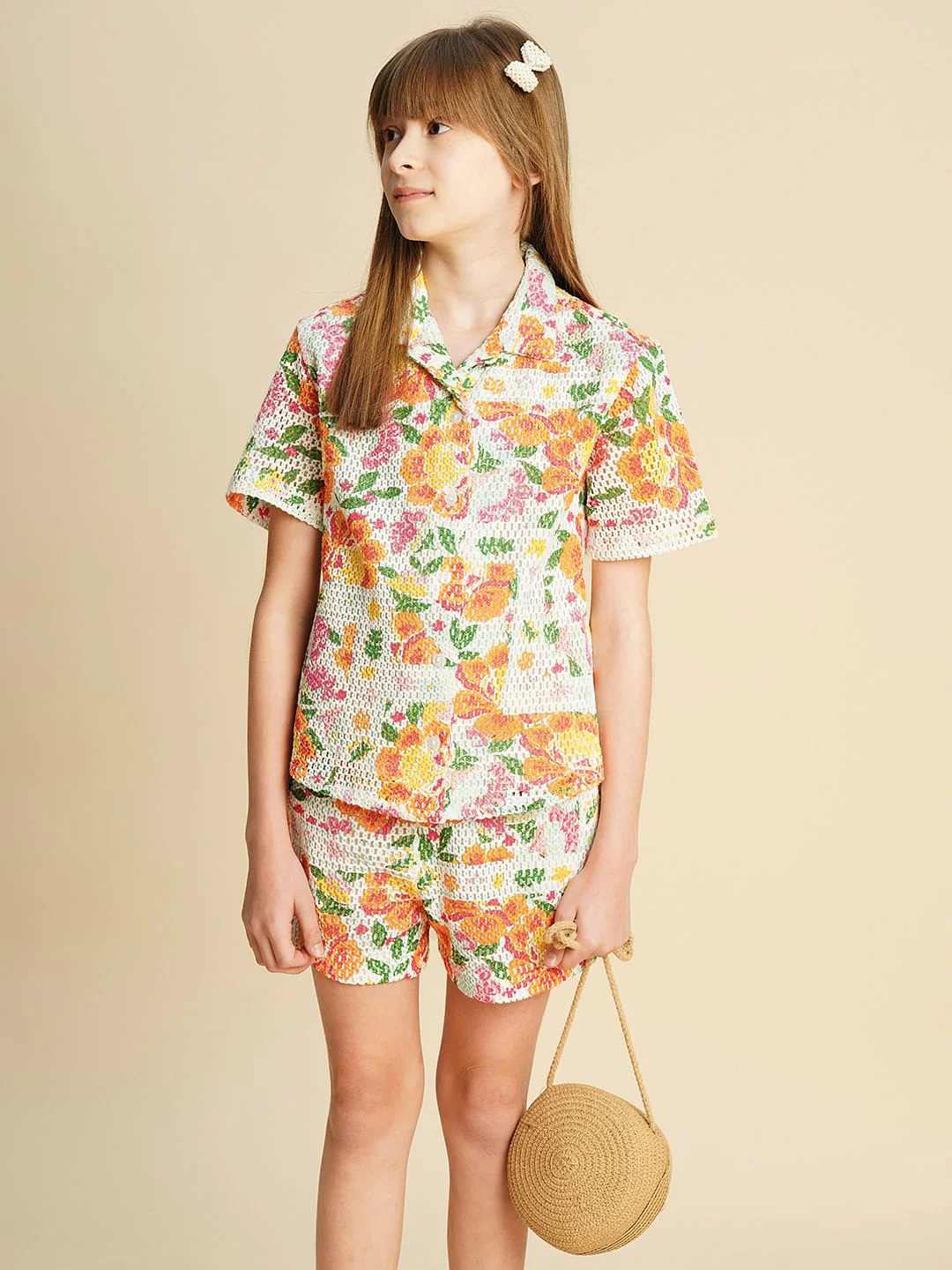 Girls Multi-Colour Crochet Printed Shirt