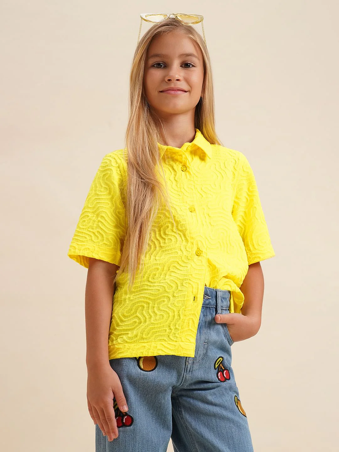 Girls Yellow Cotton Short Sleeves Shirt