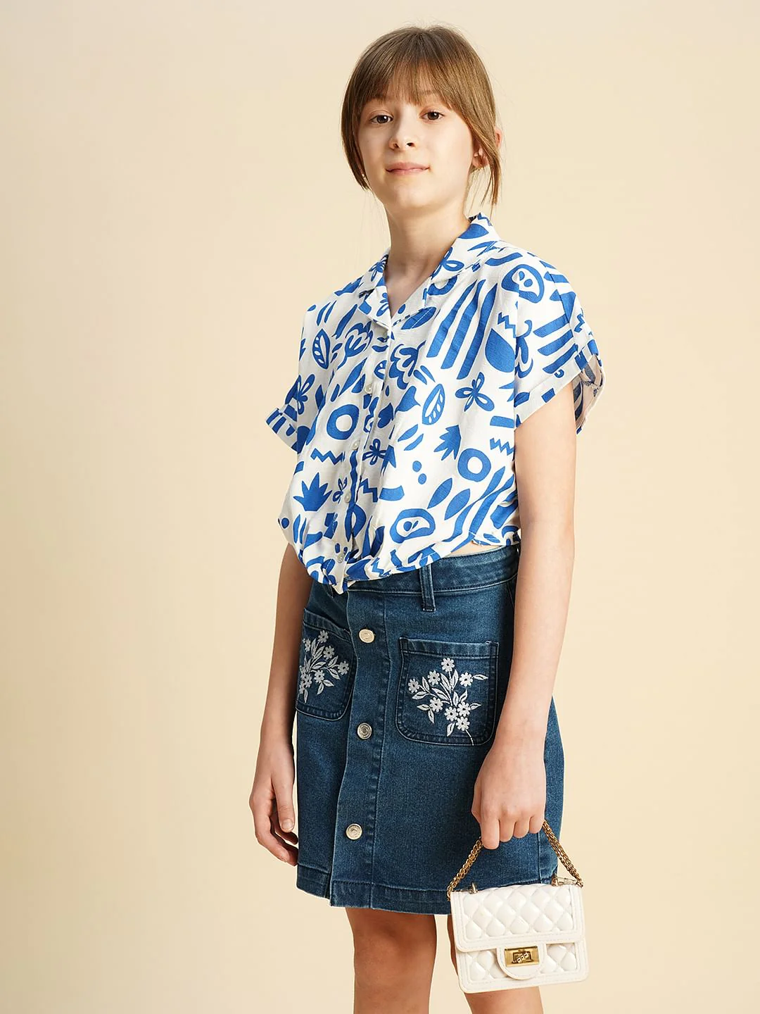 Girls Blue Printed Twisted Knot Shirt
