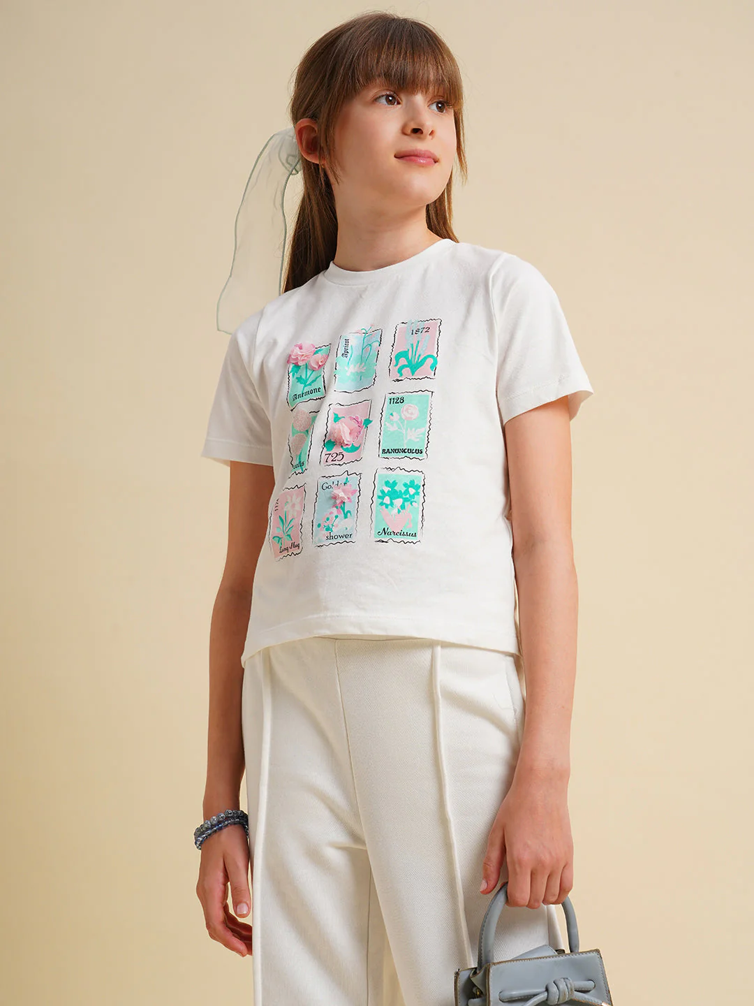 Girls White Floral Printed Cotton T-shirt