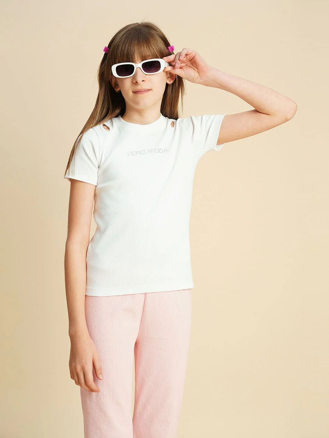 Girls White Rhinestone Text T-Shirt