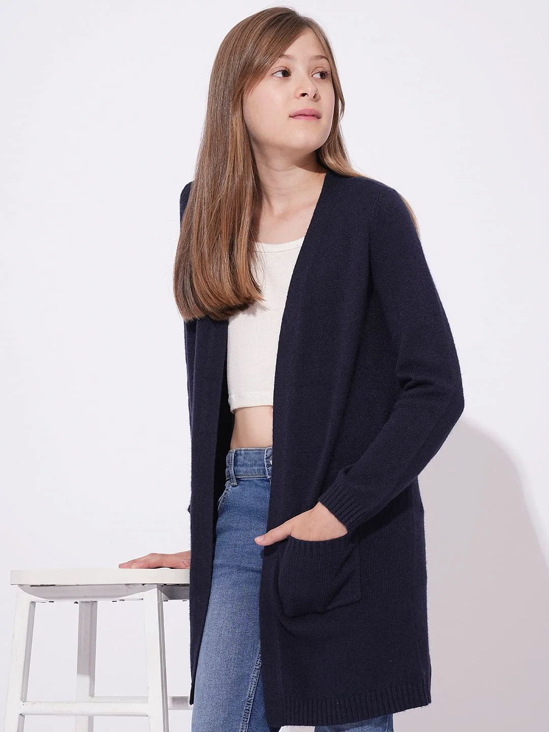 Girls Dark Blue Long Cardigan