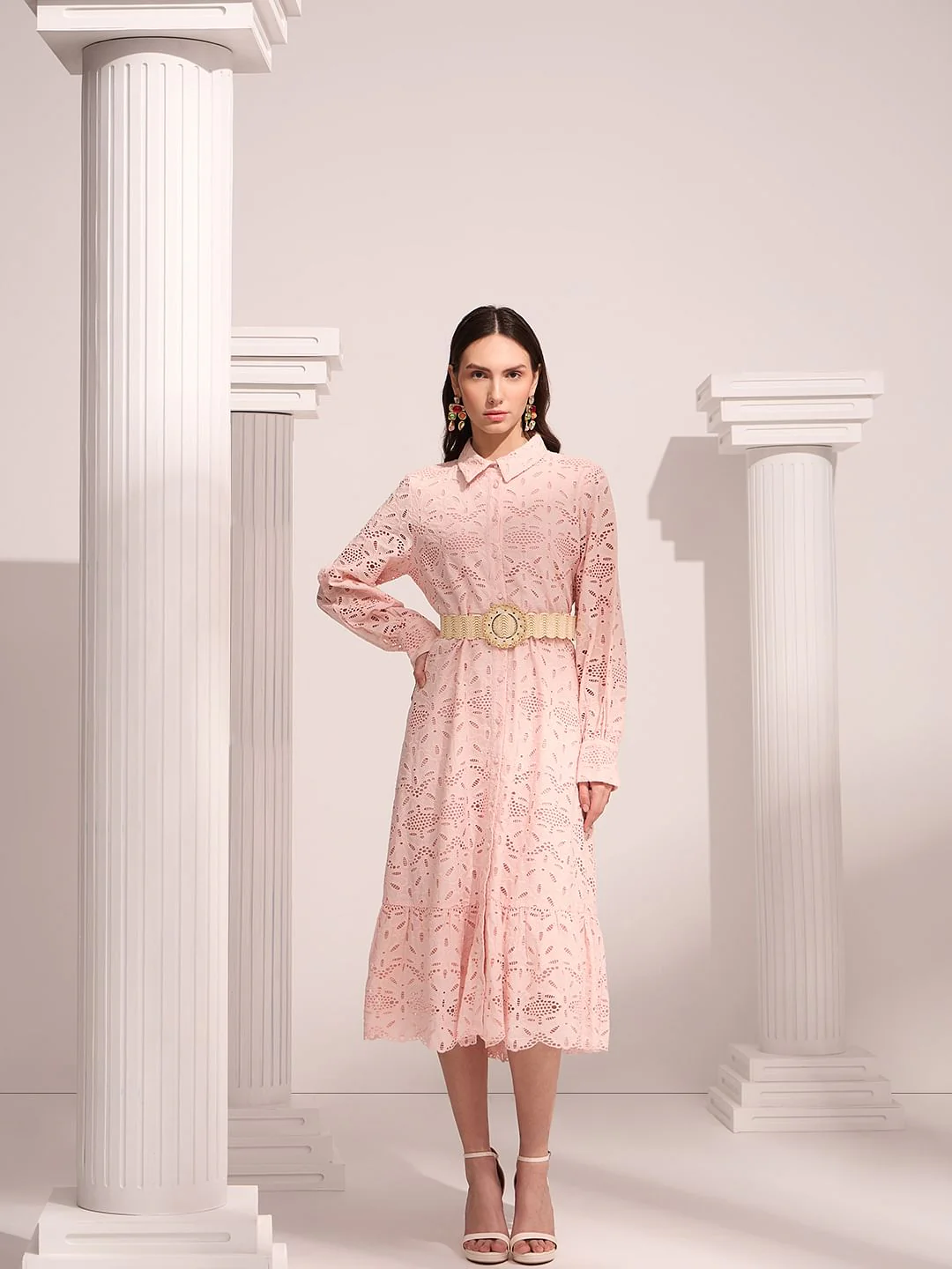 Light Pink Schiffli Midi Shirt Dress