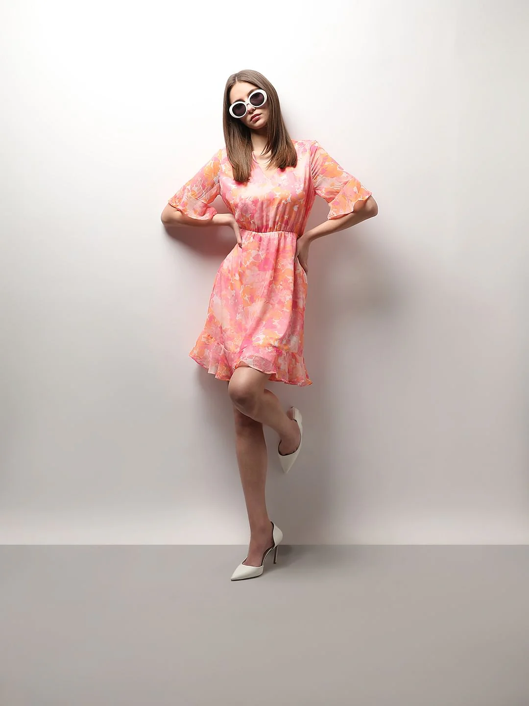 Pink Printed Short Sleeves Dress