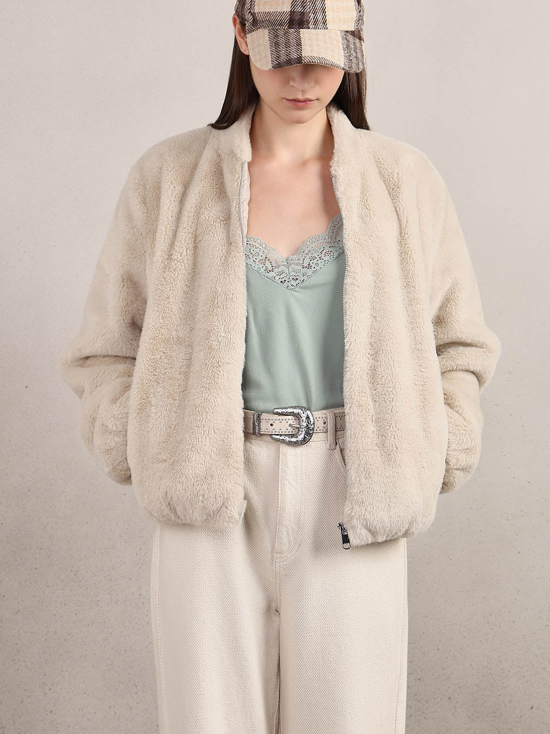 Beige Faux Fur Short Jacket