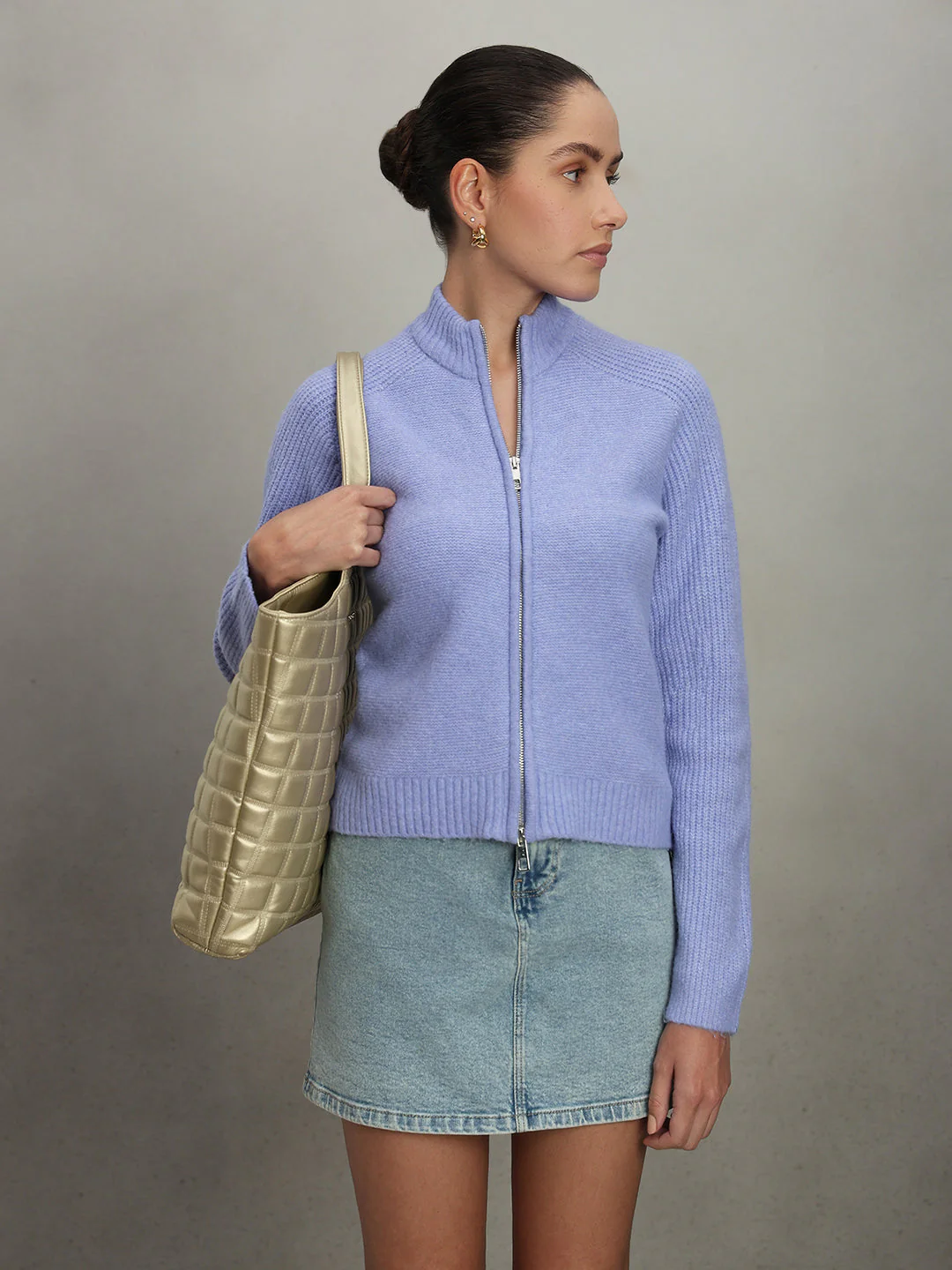High Neck Zip Cardigan - Purple