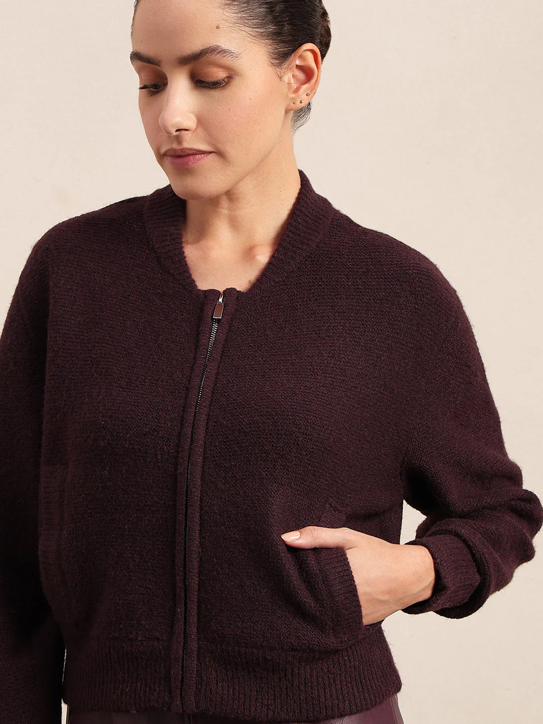 Zip-Up O-Neck Cardigan - Maroon - Image 6