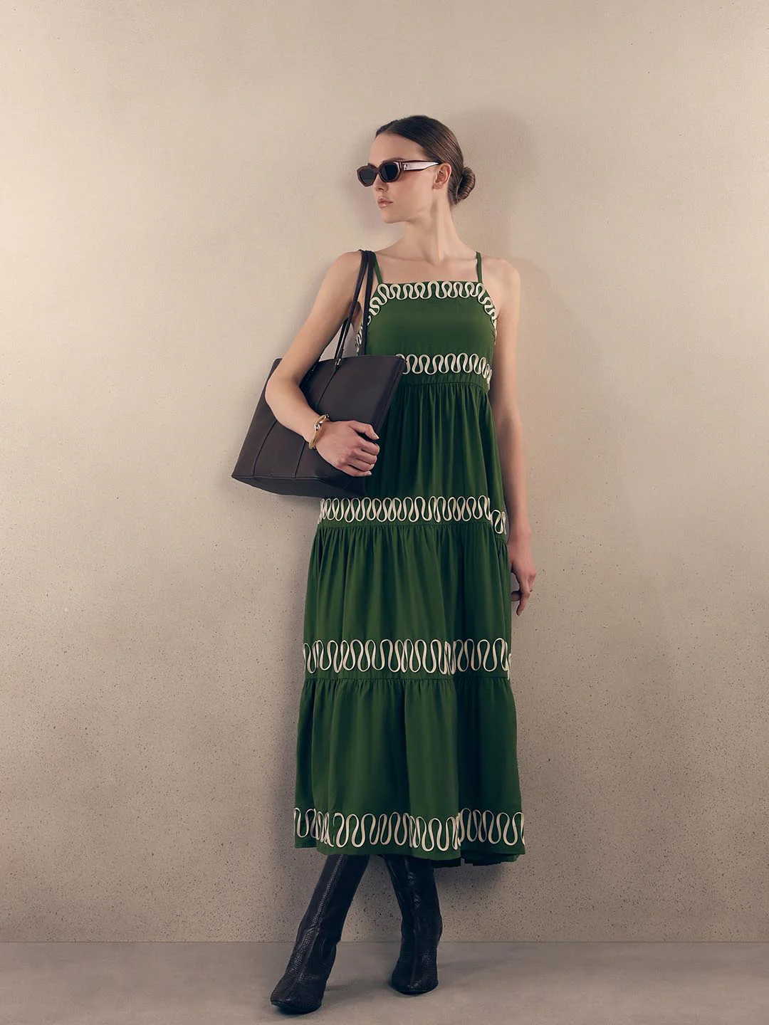 Green Contrast Ribbon Detail Dress