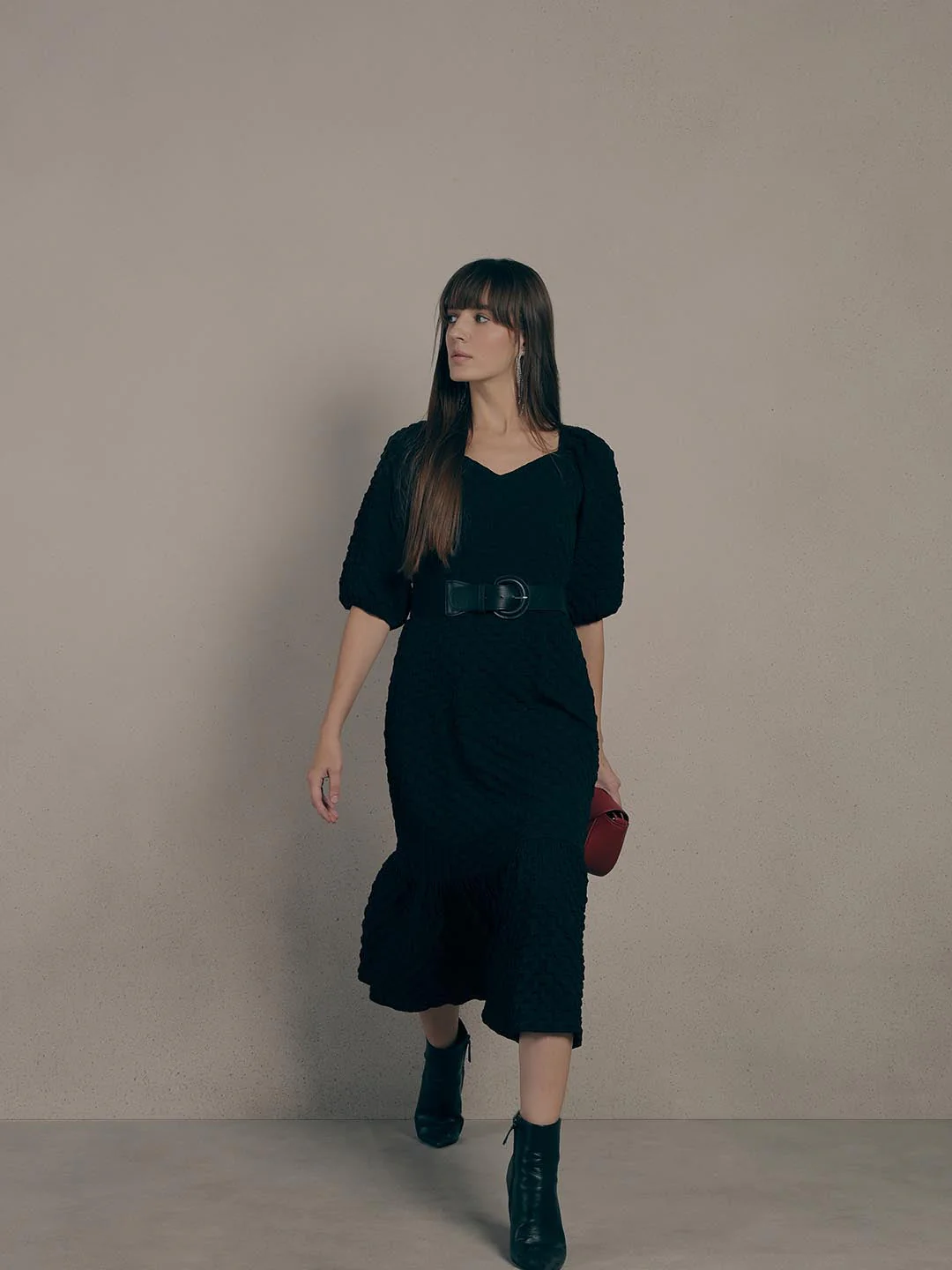 Black Textured Puff Sleeves Dress