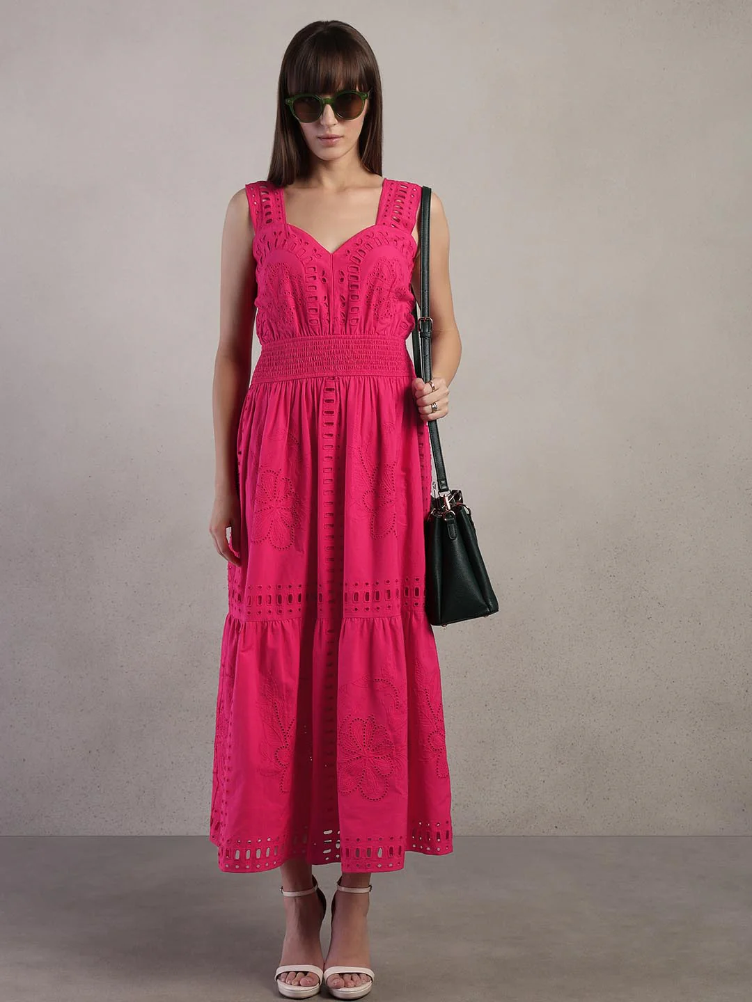 Pink Schiffli Cotton Midi Dress