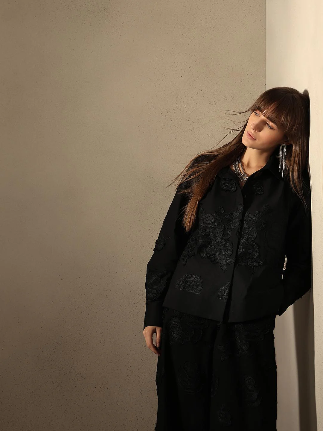 Black Floral Embroidered Shirt