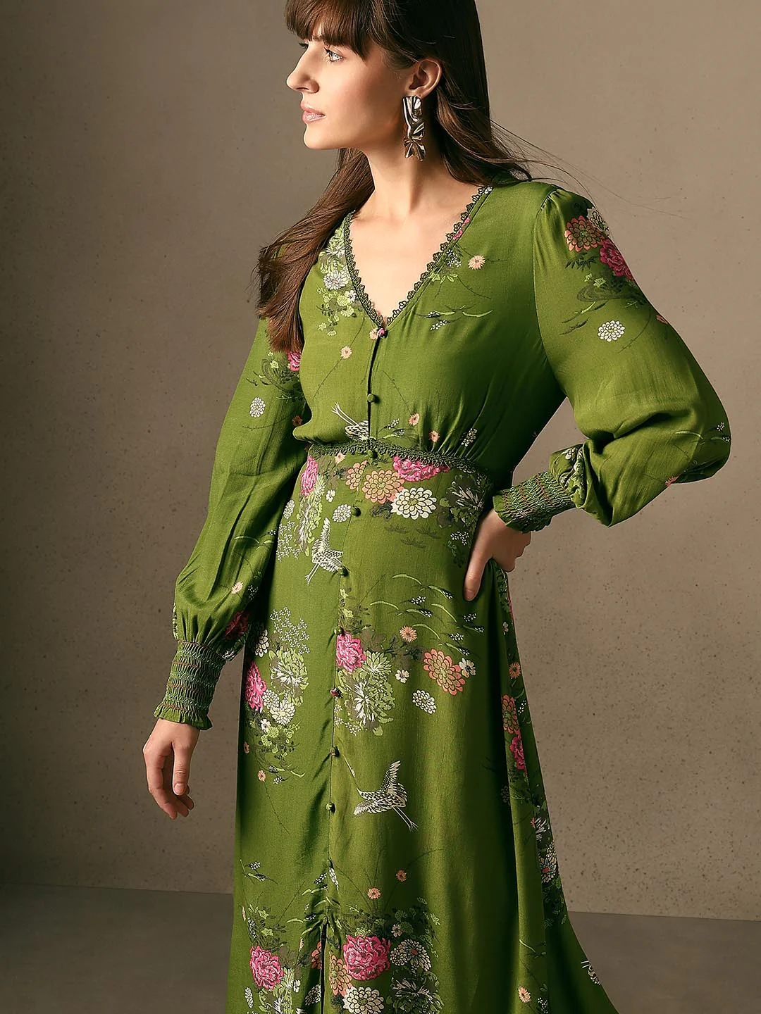 Green Floral Lace Midi Dress