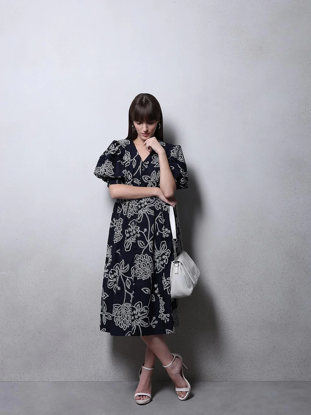 Navy Blue Printed Midi Dress