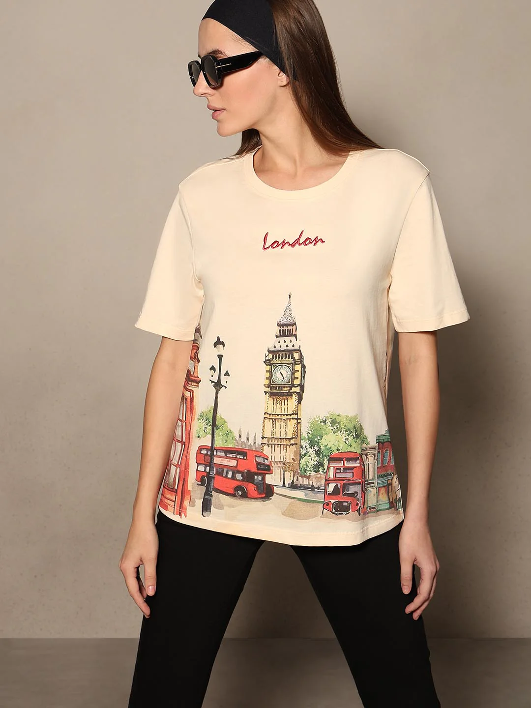 Ecru Printed Cotton T-shirt