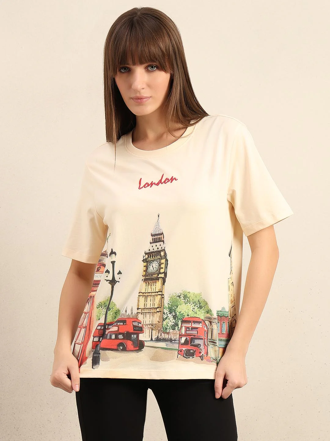 Ecru Printed Cotton T-shirt - Image 2
