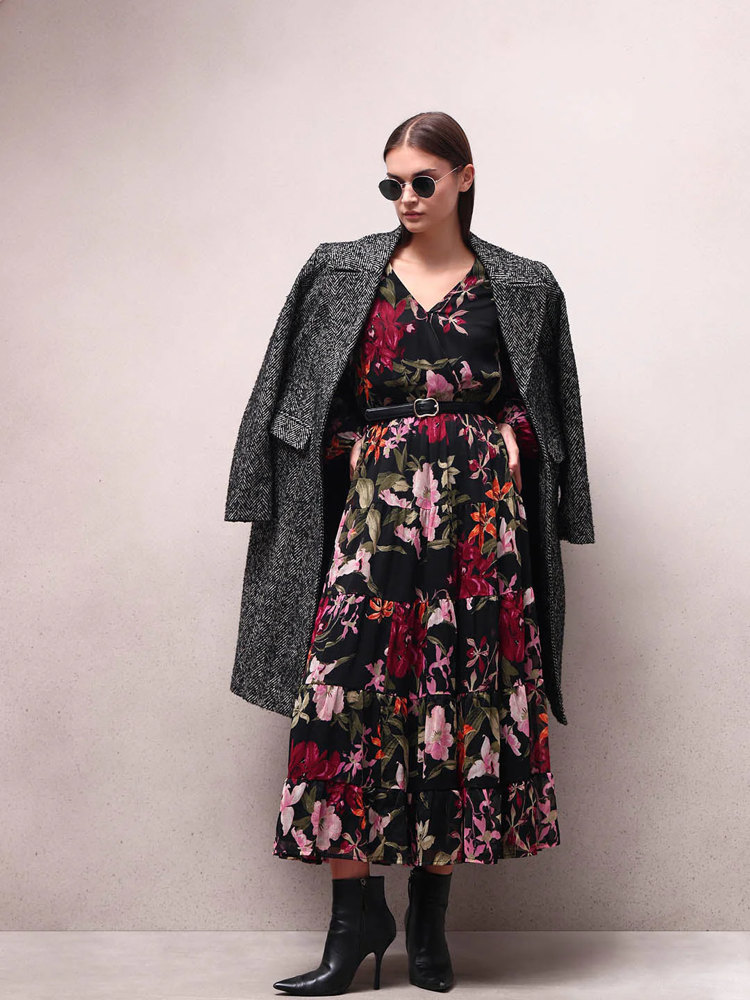 Black Floral Print Tiered Dress