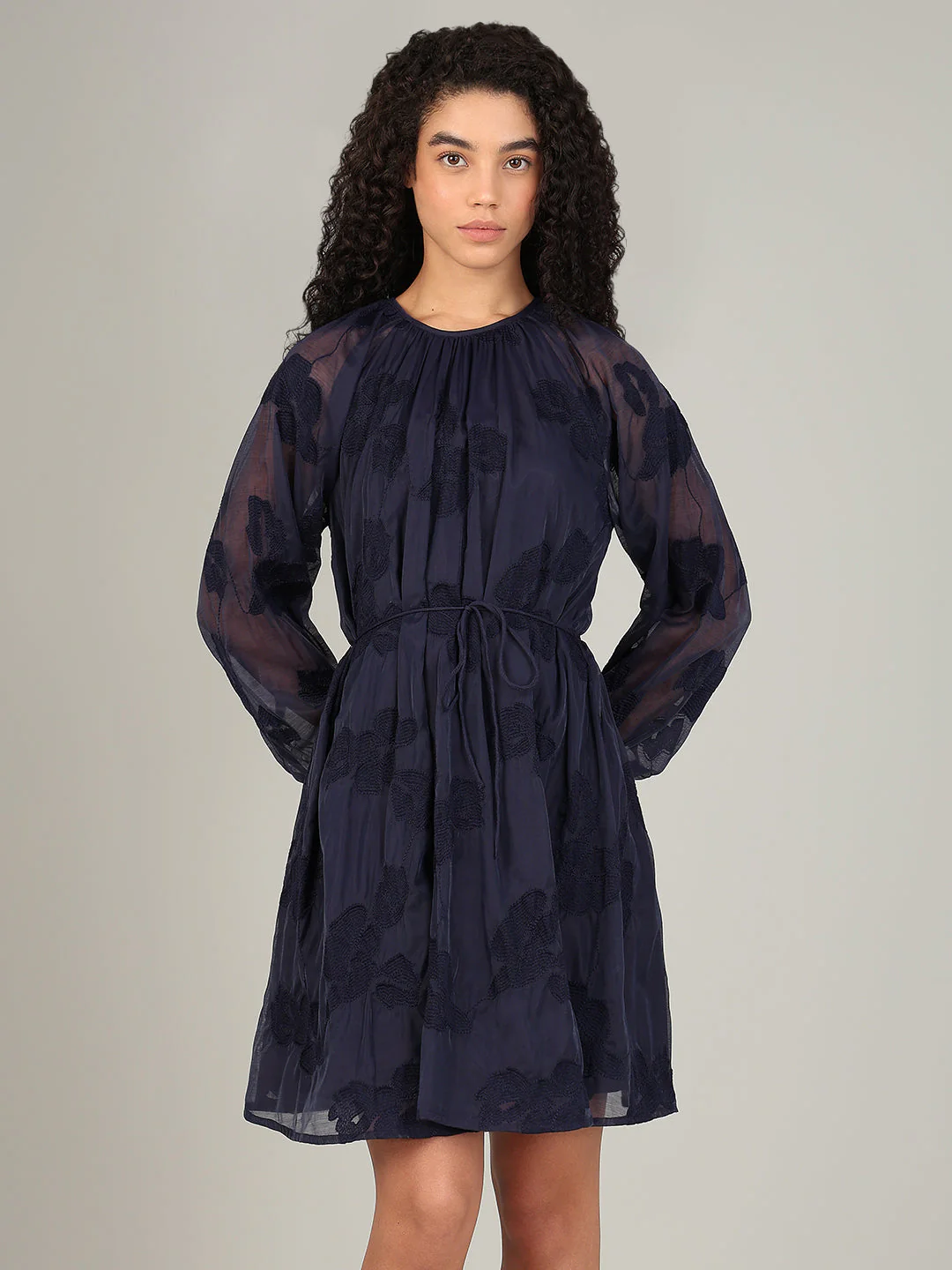 Navy Embroidered Fit & Flare Dress - Image 2