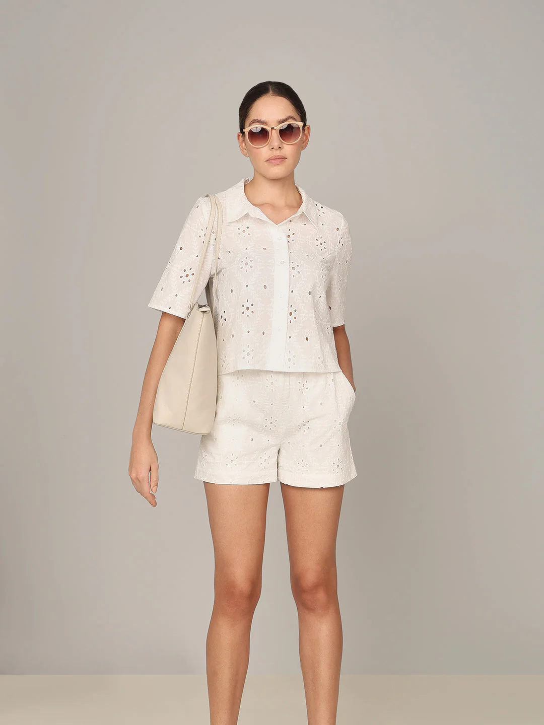 White Floral Cut-Work Shirt