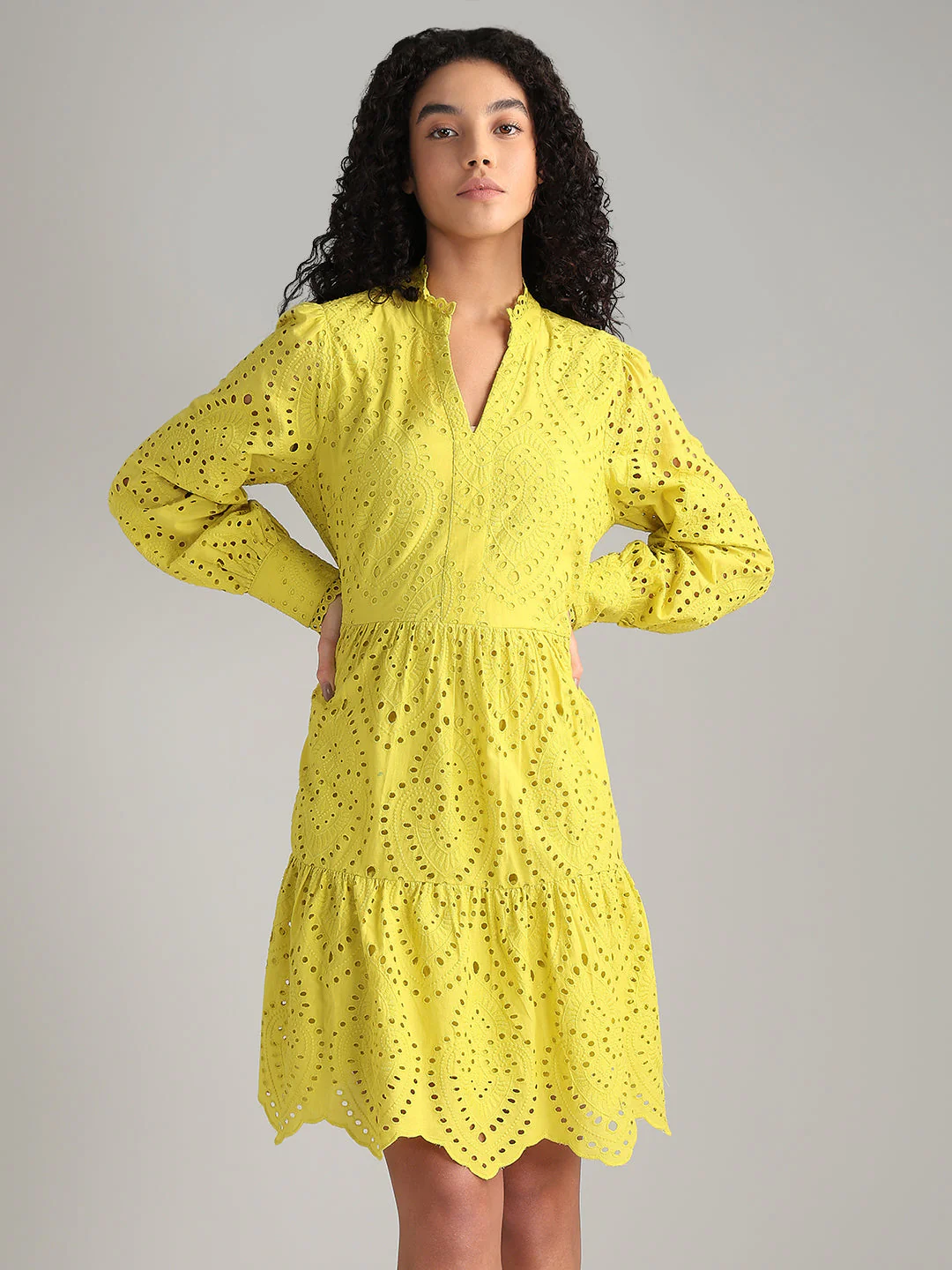 Yellow V-Neck Mini Dress - Image 2