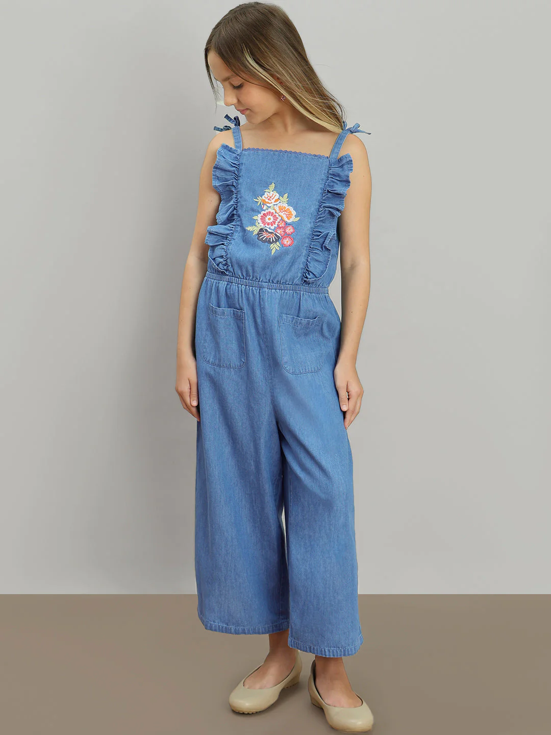 GIRL Blue Embroidered Print Denim Jumpsuit